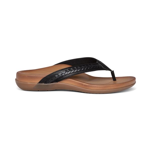 Aetrex Women's Emmy Braided Thong Flip Flops Black Sandals UK 3971-219